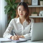 Jeune femme au bureau moderne travaillant sur son ordinateur