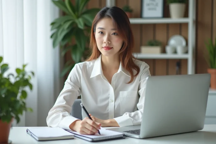 Jeune femme au bureau moderne travaillant sur son ordinateur