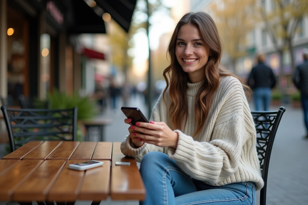 Jeune femme avec smartphone affichant une prévision Bitcoin 2040