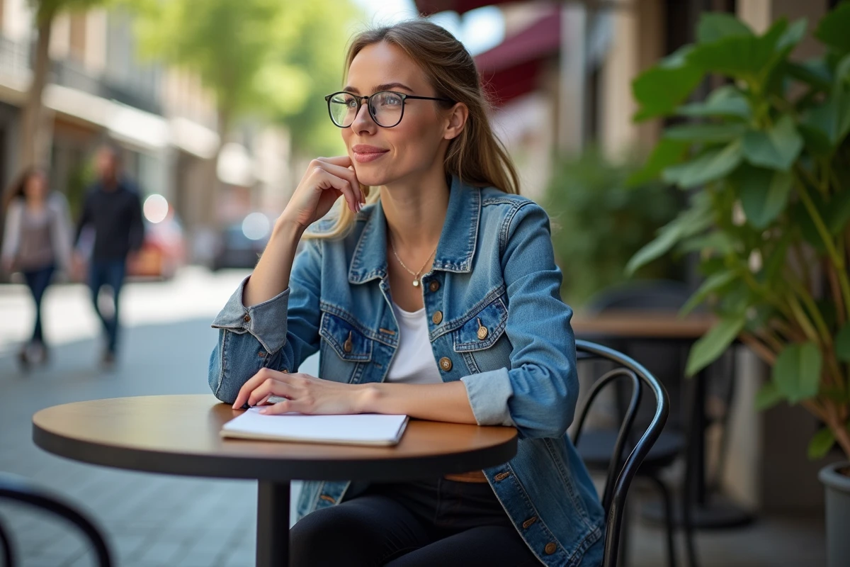 Femme assise au café en pleine réflexion en extérieur