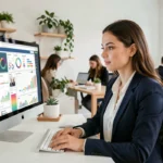 Femme professionnelle analysant des tableaux de bord de communication digitale sur un grand écran dans un bureau moderne