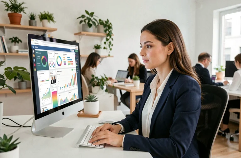Femme professionnelle analysant des tableaux de bord de communication digitale sur un grand écran dans un bureau moderne