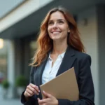 Femme confiante debout devant un bureau moderne en ville