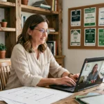 Femme consultant un expert en habitat écologique via appel vidéo depuis son bureau à domicile