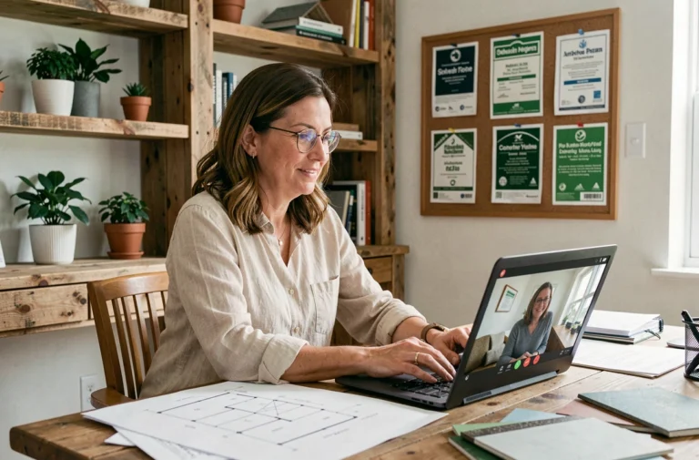 Femme consultant un expert en habitat écologique via appel vidéo depuis son bureau à domicile