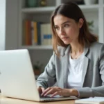 Femme travaillant sur son site web depuis un bureau à domicile moderne, illustrant les bonnes pratiques pour améliorer la visibilité en ligne
