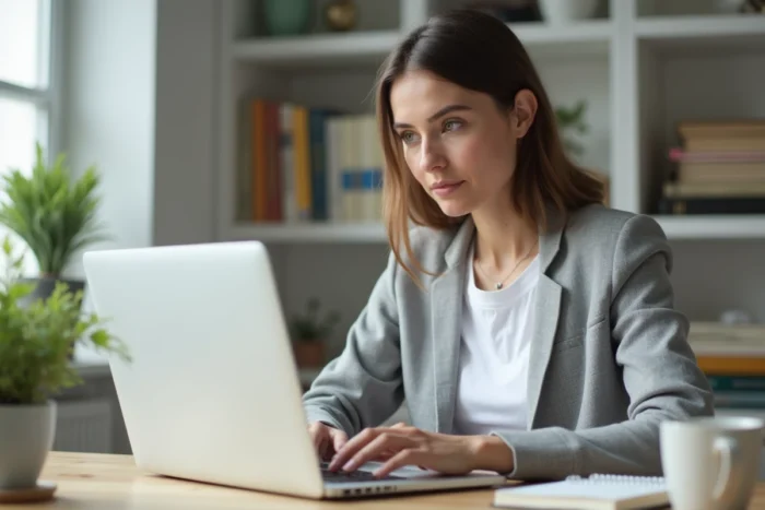 Femme travaillant sur son site web depuis un bureau à domicile moderne, illustrant les bonnes pratiques pour améliorer la visibilité en ligne