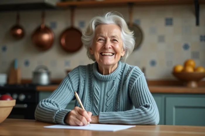 Femme âgée souriante rédigeant un message humoristique dans une carte d'anniversaire de mariage de 40 ans dans une cuisine rustique