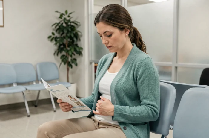 Femme enceinte en salle d'attente médicale consultant une brochure sur les symptômes de grossesse