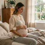 Femme enceinte assise sur le bord d'un lit tenant son ventre arrondi, illustrant les symptômes de grossesse féminine