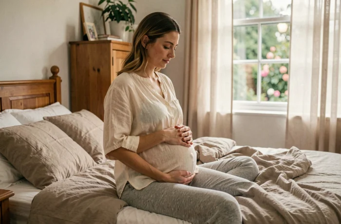 Femme enceinte assise sur le bord d'un lit tenant son ventre arrondi, illustrant les symptômes de grossesse féminine