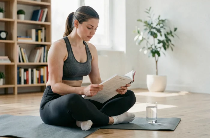 Femme consultant un journal de planification alimentaire sur un tapis de yoga pour une perte de poids durable