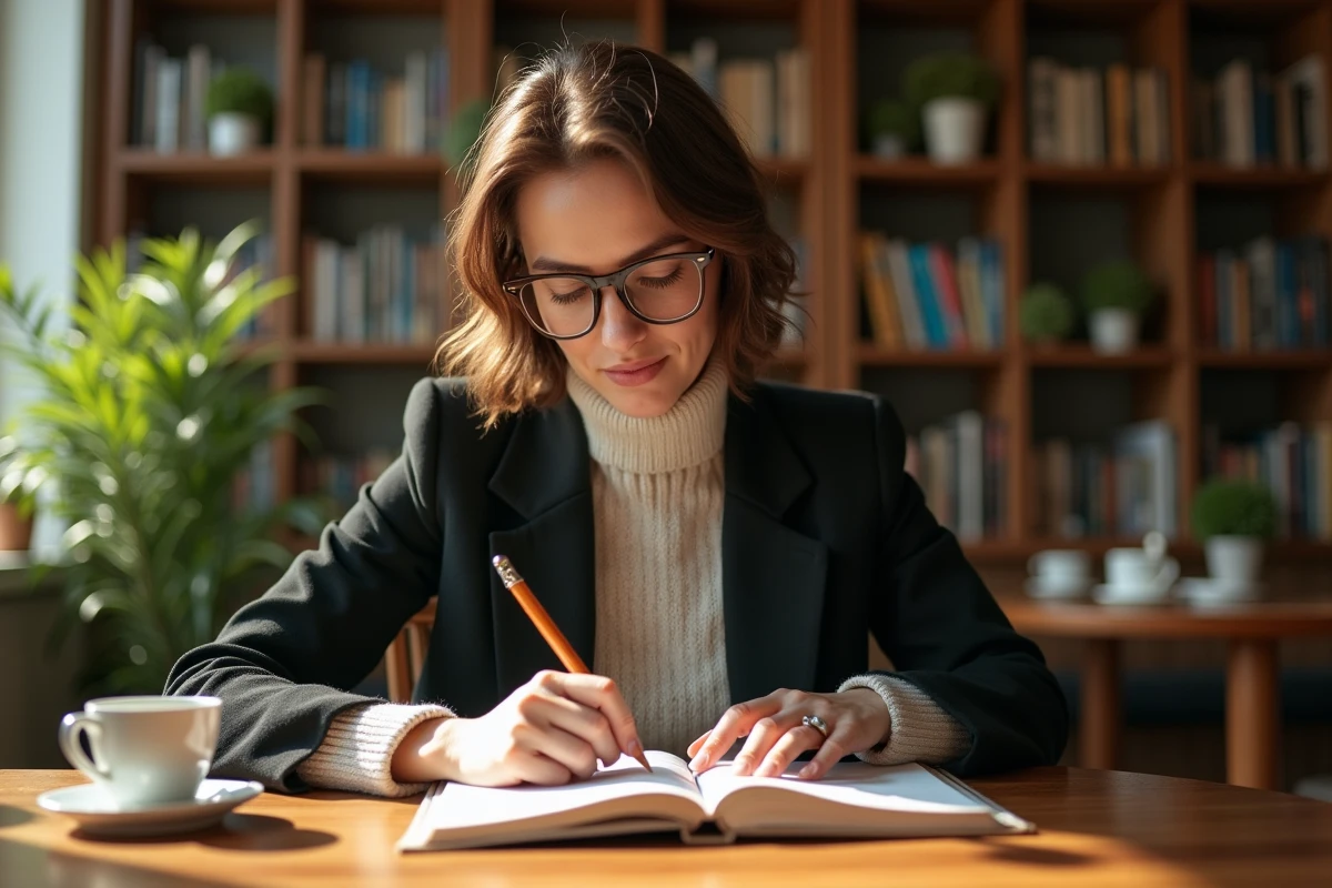 Femme détendue lisant un carnet dans un café en intérieur