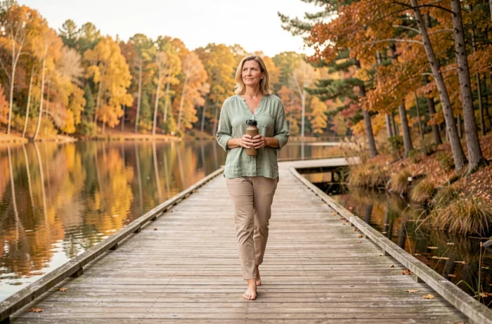 Femme marchant en plein air au bord d'un lac en automne dans le cadre d'un mode de vie minceur naturel