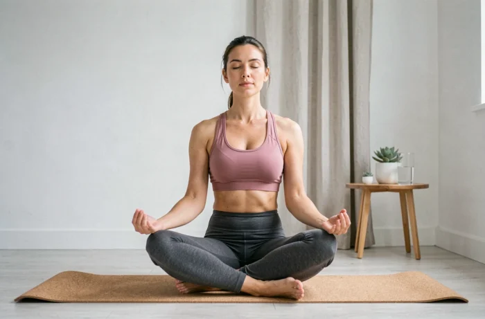 Femme en méditation sur un tapis de yoga dans un studio minimaliste pour un bien-être minceur corps et esprit