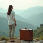 Jeune femme regardant la montagne avec un sac en bois