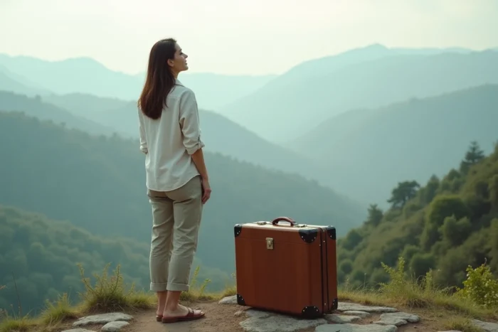 Jeune femme regardant la montagne avec un sac en bois