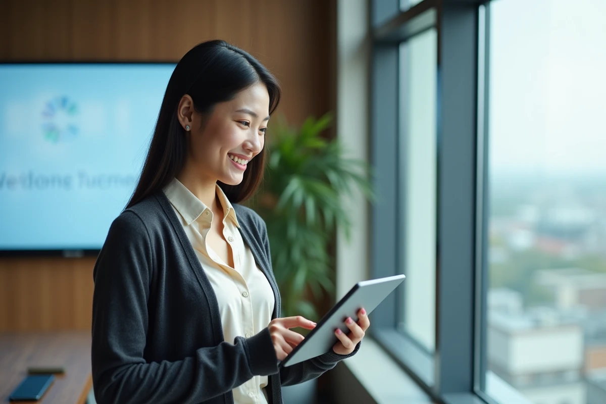 Jeune femme utilisant une tablette dans une salle de réunion