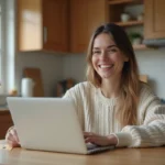 Femme souriante avec voucher de vacances à la maison