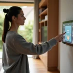Femme utilisant un panneau de contrôle domotique Maison Kayro dans un salon moderne connecté