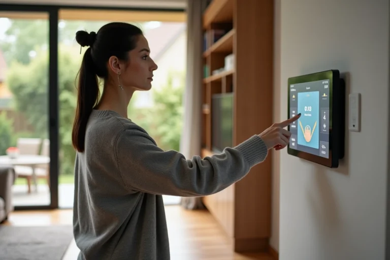 Femme utilisant un panneau de contrôle domotique Maison Kayro dans un salon moderne connecté