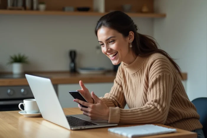 Jeune femme réagissant à des nouvelles sur son smartphone
