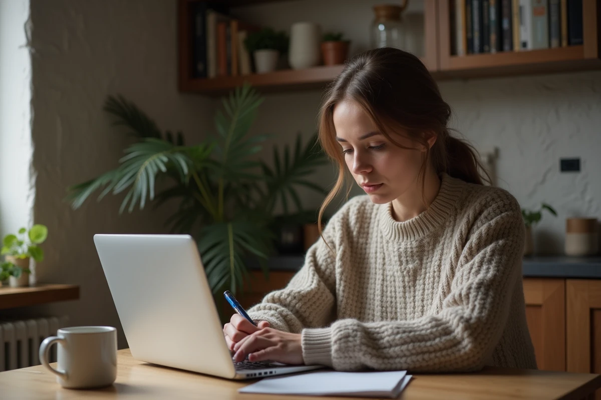 Jeune femme signant une pétition en ligne à la maison