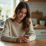 Femme souriante utilisant son smartphone dans la cuisine chaleureuse
