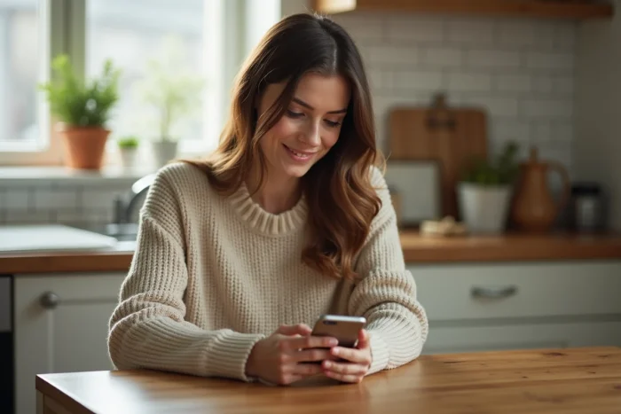 Femme souriante utilisant son smartphone dans la cuisine chaleureuse