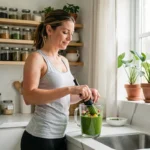 Femme préparant un smoothie vert sain dans une cuisine moderne pour une alimentation minceur équilibrée