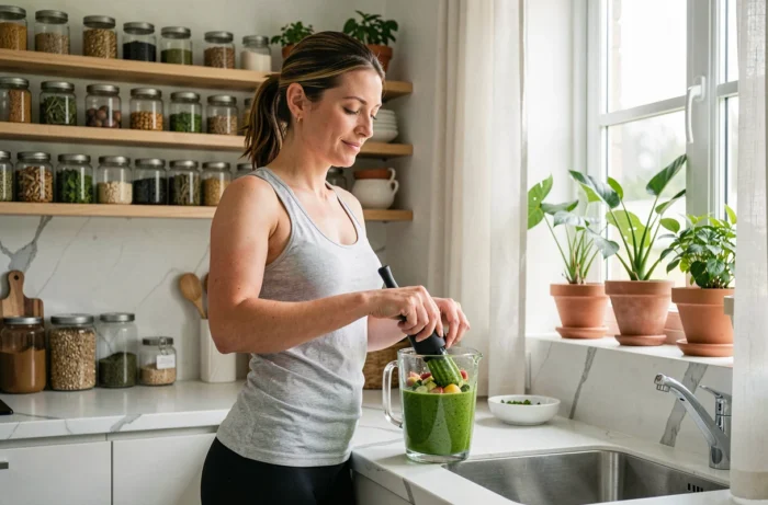 Femme préparant un smoothie vert sain dans une cuisine moderne pour une alimentation minceur équilibrée
