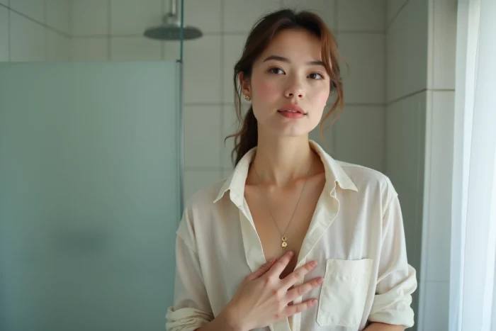 Jeune femme en linen effectuant un auto-soin dans la salle de bain