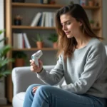 Femme assise avec un thermometre digital dans un salon moderne