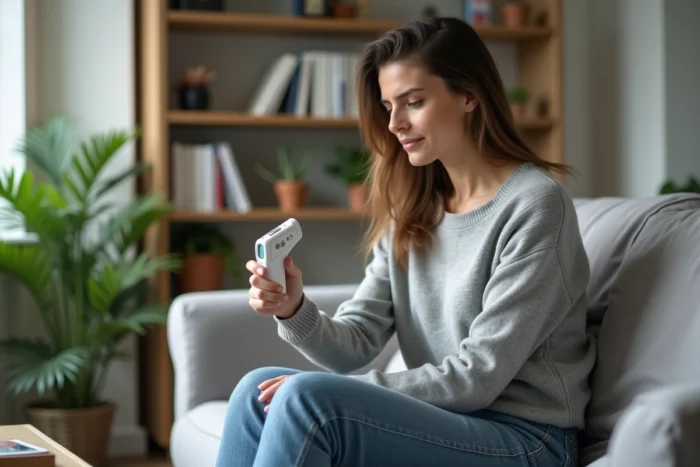 Femme assise avec un thermometre digital dans un salon moderne