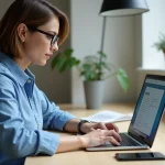 Femme au bureau à domicile remplissant un formulaire en ligne