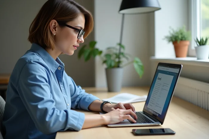 Femme au bureau à domicile remplissant un formulaire en ligne