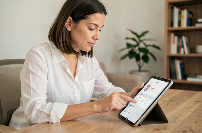 Femme utilisant l'application Your Health Assistant sur une tablette dans un bureau moderne à domicile