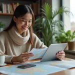 Jeune femme souriante avec carte et tablette en voyage