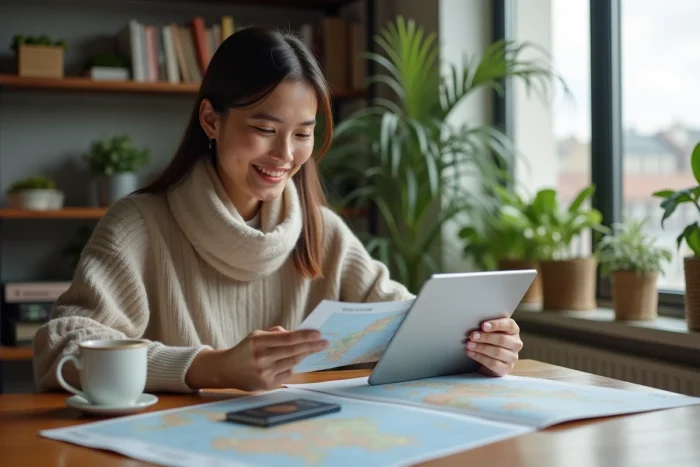 Jeune femme souriante avec carte et tablette en voyage