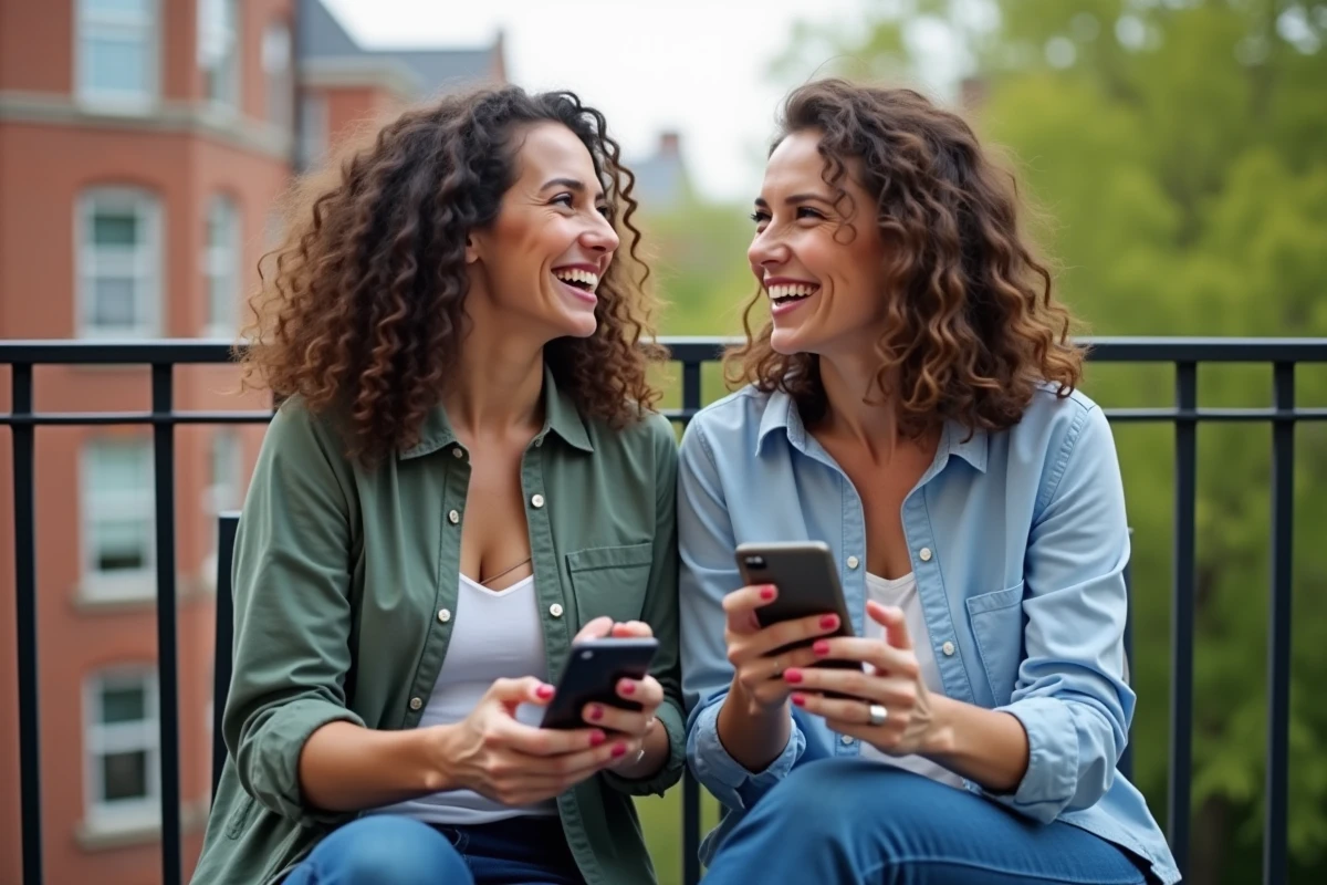 Deux femmes rient lors d’un appel sur un balcon urbain