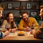 Groupe d'adultes jouant au Nain Jaune autour d'une table en bois avec cartes et jetons colorés dans une ambiance conviviale