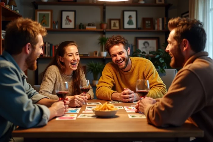 Groupe d'adultes jouant au Nain Jaune autour d'une table en bois avec cartes et jetons colorés dans une ambiance conviviale