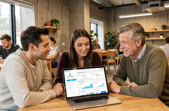Groupe de personnes découvrant les fonctionnalités innovantes de Your Health Assistant sur un ordinateur portable