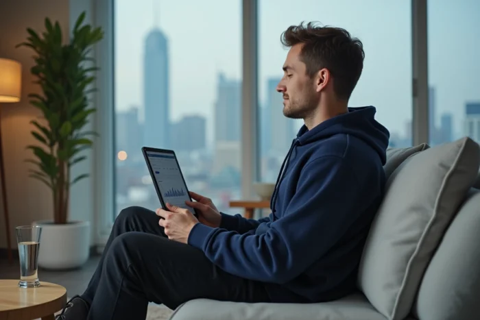 Jeune homme consultant les statistiques de son site web sur une tablette dans un salon moderne, dans le cadre d'une stratégie de visibilité digitale