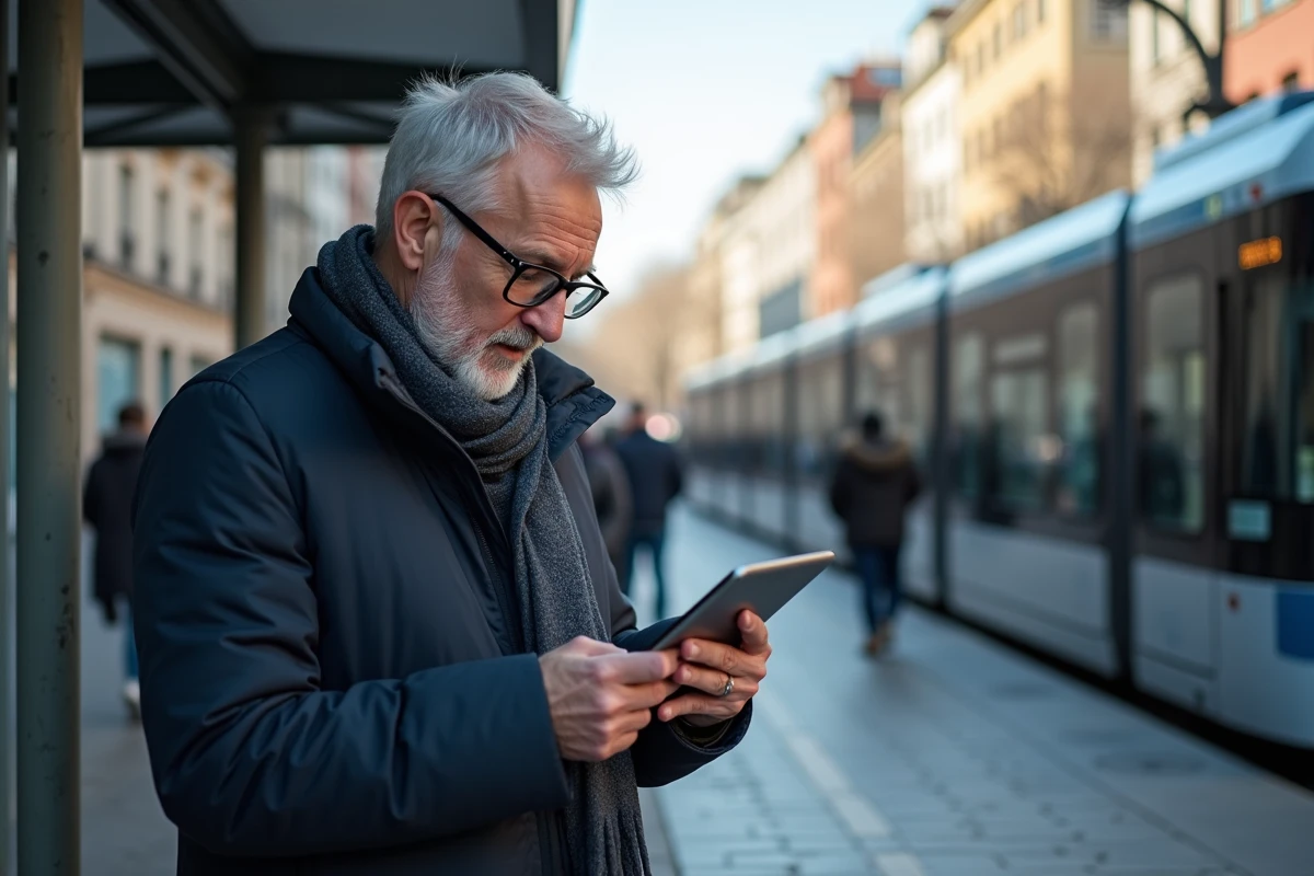 Homme regardant une tablette à un arrêt de tram urbain