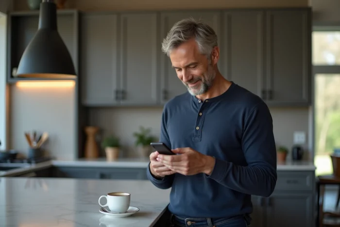 Homme consultant des bons plans et actualités web sur son smartphone dans une cuisine moderne