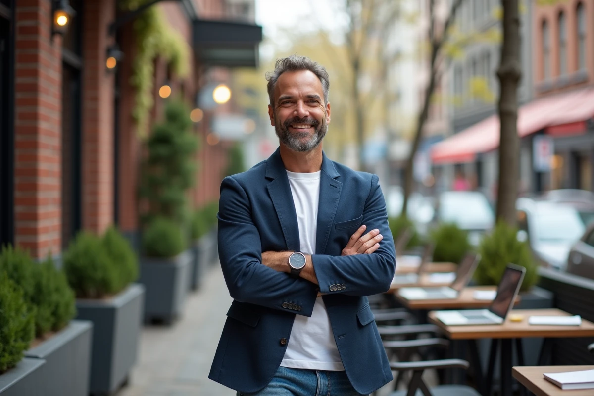 Homme d age moyen souriant dans un cafe coworking urbain