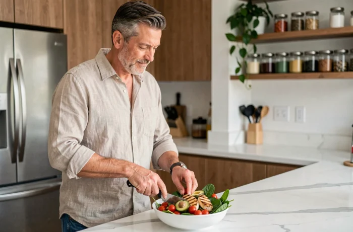 Homme préparant une salade saine dans une cuisine moderne dans le cadre d'un régime alimentaire équilibré