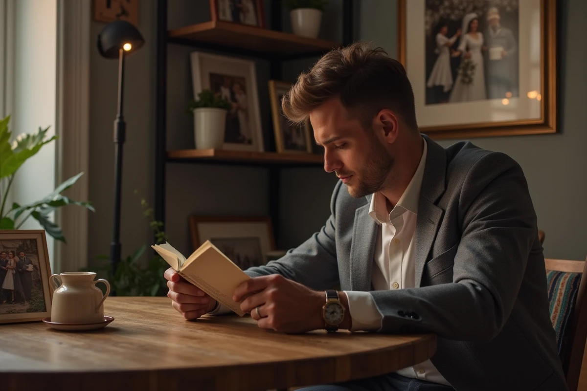 Homme lisant un livre dans un appartement cosy