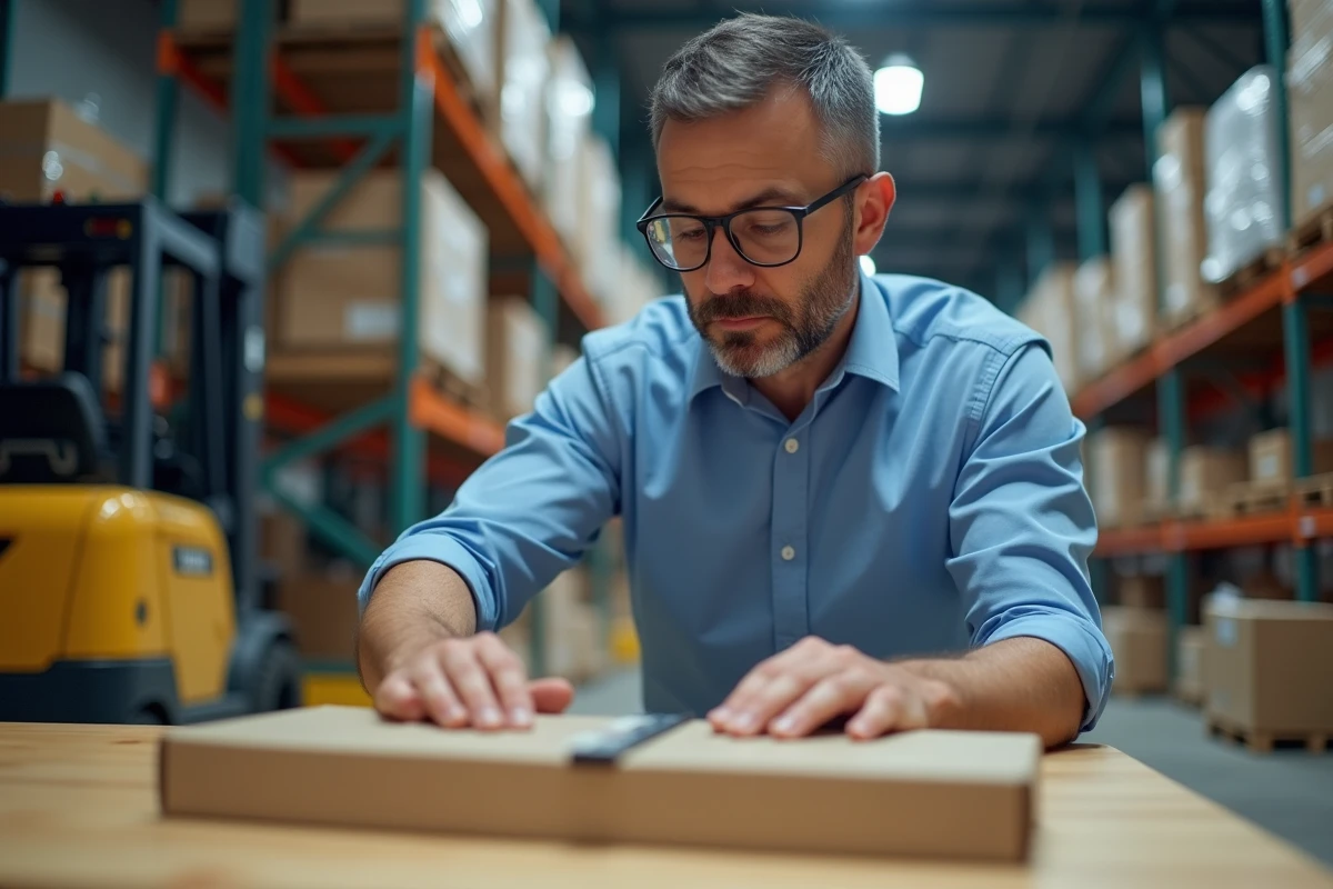 Homme d age moyen mesure un colis dans un entrepot professionnel